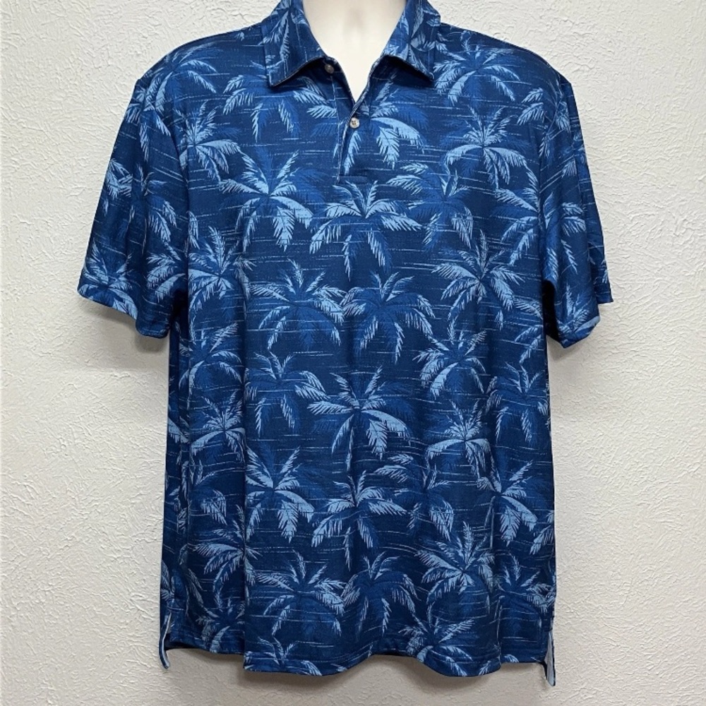 Chaps Performance Polo Shirt Mens‎ L Blue Palm Short Sleeve Classic Stretch